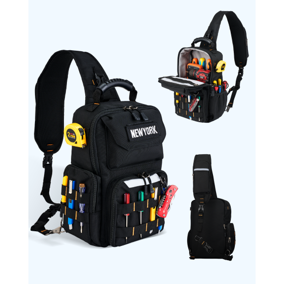 Electrician Tool Chest Bag, Tactical HVAC 3-Point Harness Black 1680D Oxford Water-Resistant | 9L Compact | 18 Pockets | Rigid Hard Handle | MOLLE Webbing | For Ladder & Confined Space